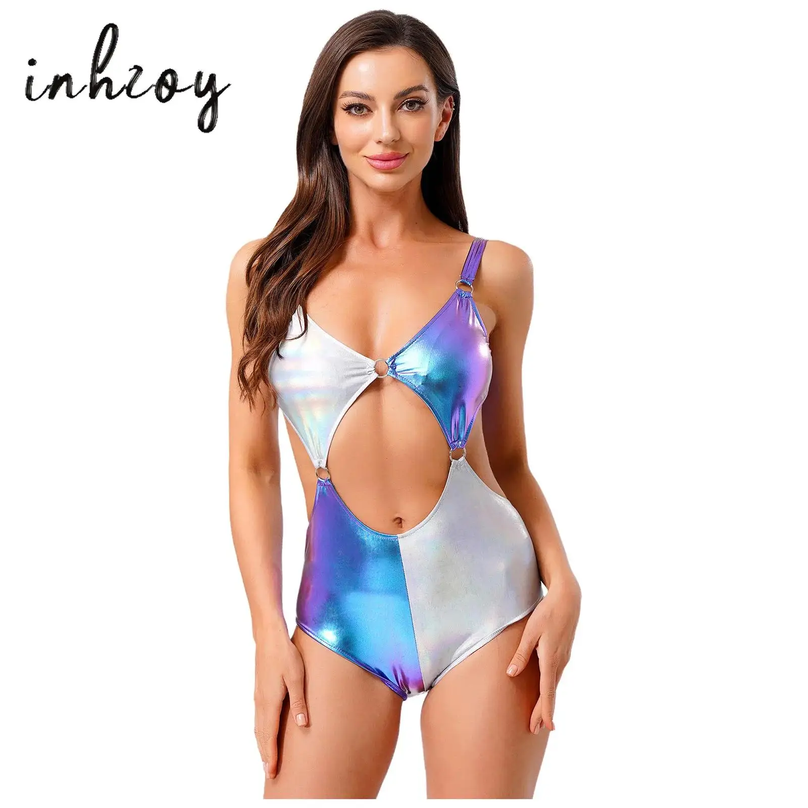 

Womens Sexy Cut Out One Piece Swimsuit Fashion Metallic Shiny Swimwear Contrast Color Holiday Bodysuits Beachwear Bathing Suit