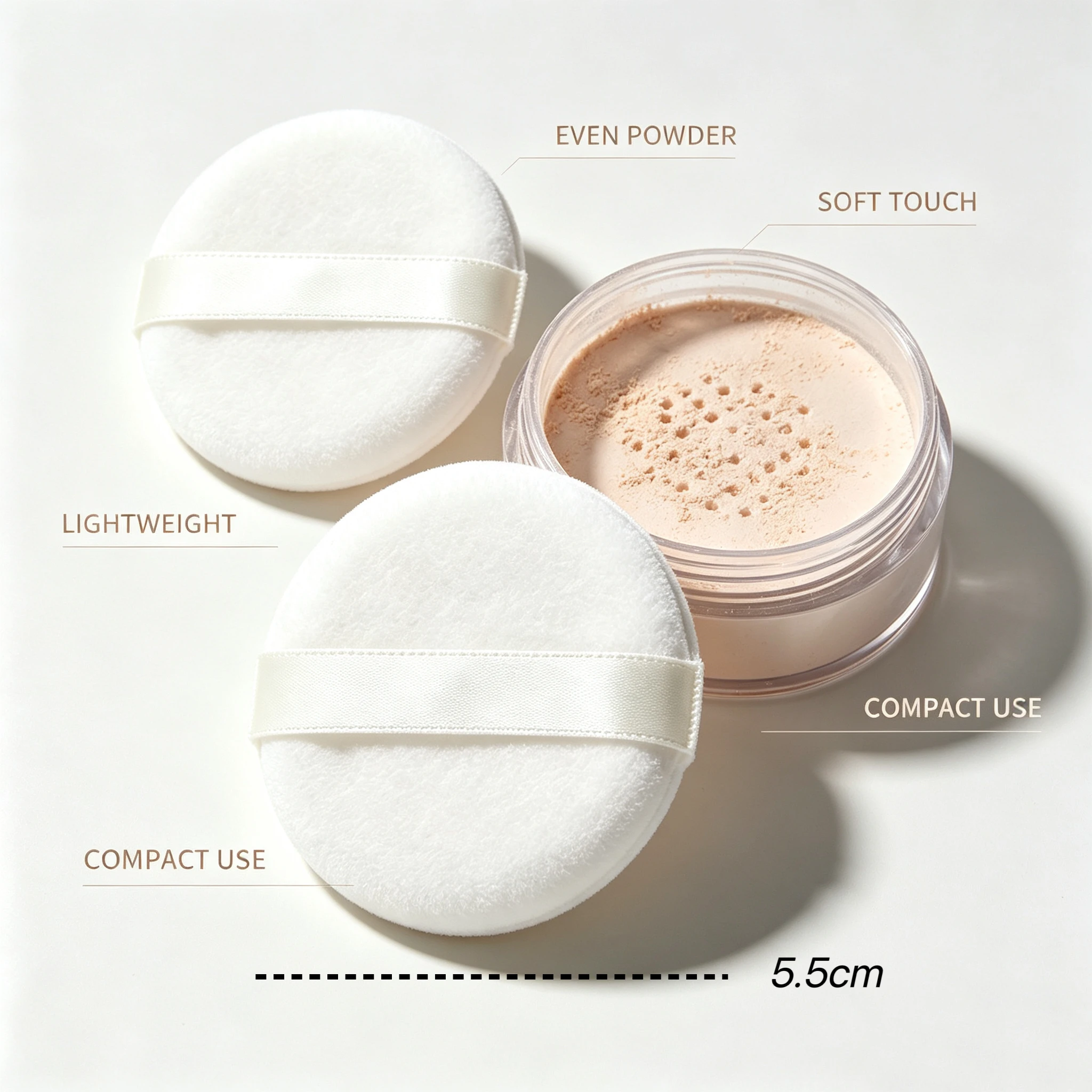 2-piece velvet-finished setting powder puffs: fine texture for gentle powder pickup, designed for portable use.