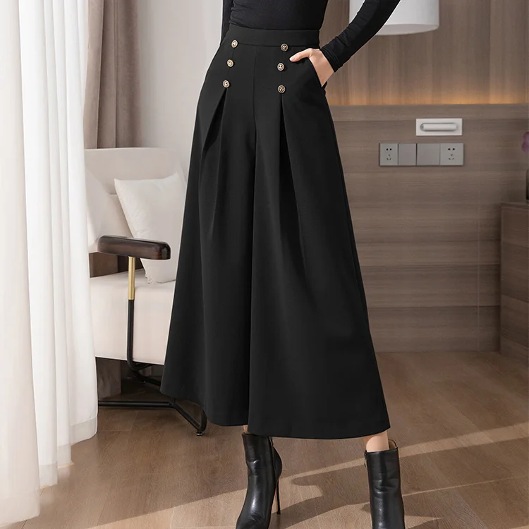 Nine-point Wide-leg Pants For Spring Fashion Casual Skirt Pants Double-breasted Swing Bell Bottoms Clothes Women Black Ginger