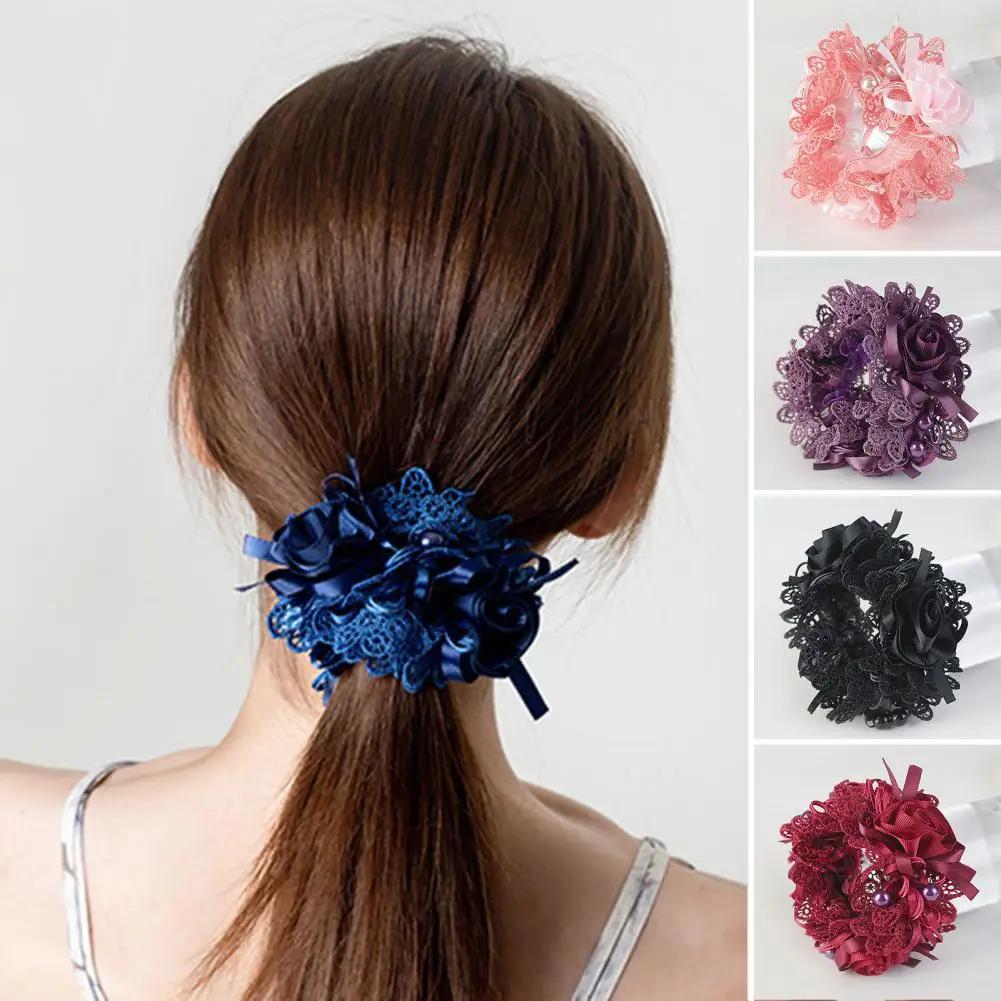 Attractive Bun Hair Ring Faux Pearls Stretchy Headwear Lace Flower Girls Hair Scrunchy