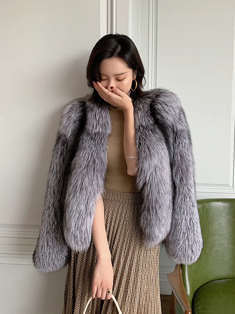 Winter Super Luxury Silver Fox Fur Full Skin Coat Bright Color Women Silver Fox Fur Outfit Jacket