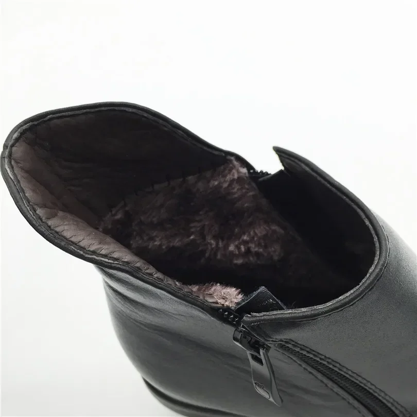 SNURULAN  Vintage Zipper Women Boots Black Genuine Leather Wedges Swing Shoes Warm Plush Winter Shoes Round Toe Platform Shoes