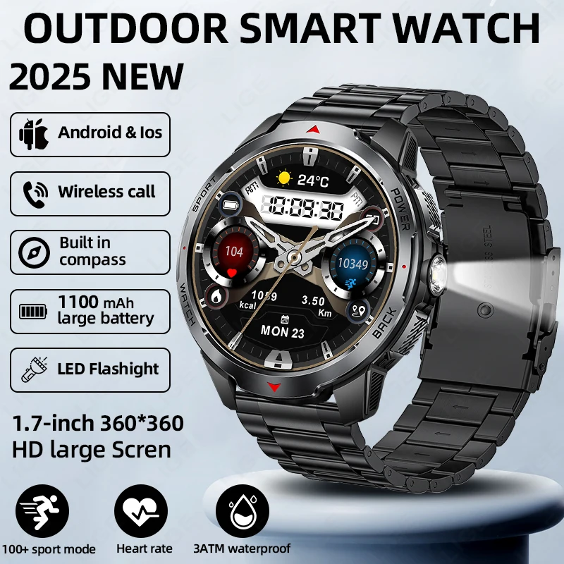 LIGE New 1100mah Large Capacity Battery Smart Watch Men Compass Outdoor 3ATM Waterproof Sports Fitness Bluetooth Call Smartwatch