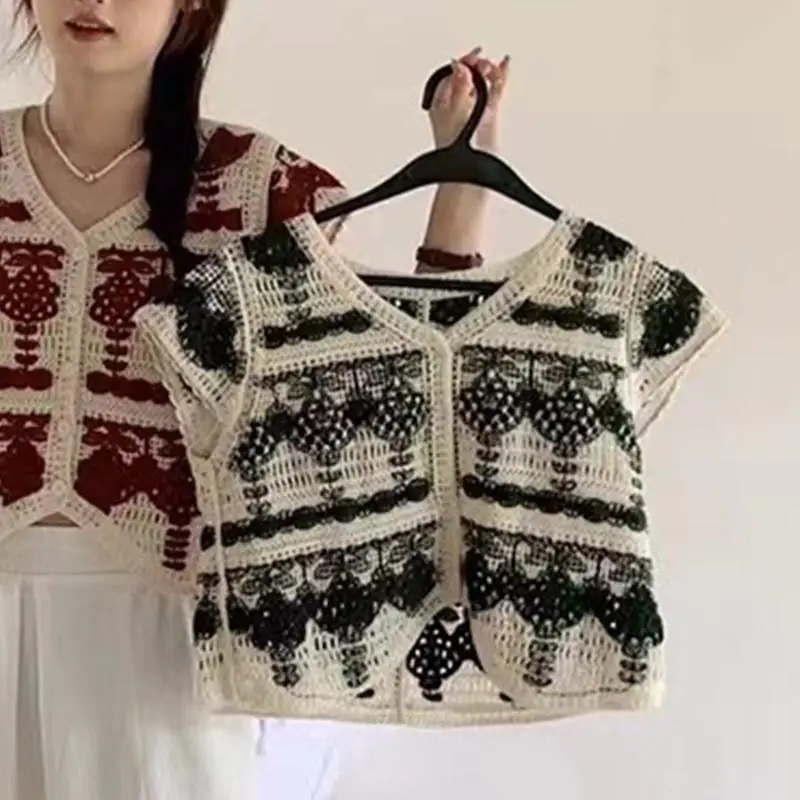 

X5XA Summer Womens Sexy Floral Embroidery Knitted Camisole V-neck Knitted Cardigan