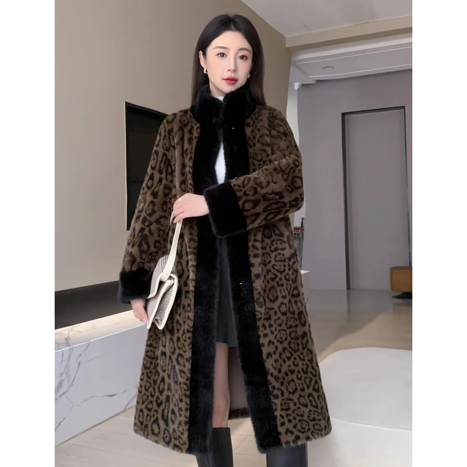 Outono inverno novas mulheres longo casaco de pele de leopardo engrossar quente casaco de pele de vison sentimento avançado feminino pele do falso parkas jaquetas