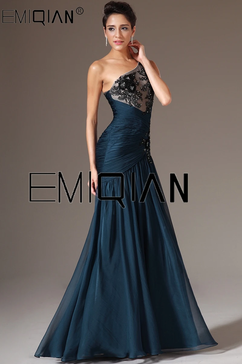 Long Formal Evening Party Gowns One Shoulder Chiffon Mermaid Evening Dresses with Black Lace Applique