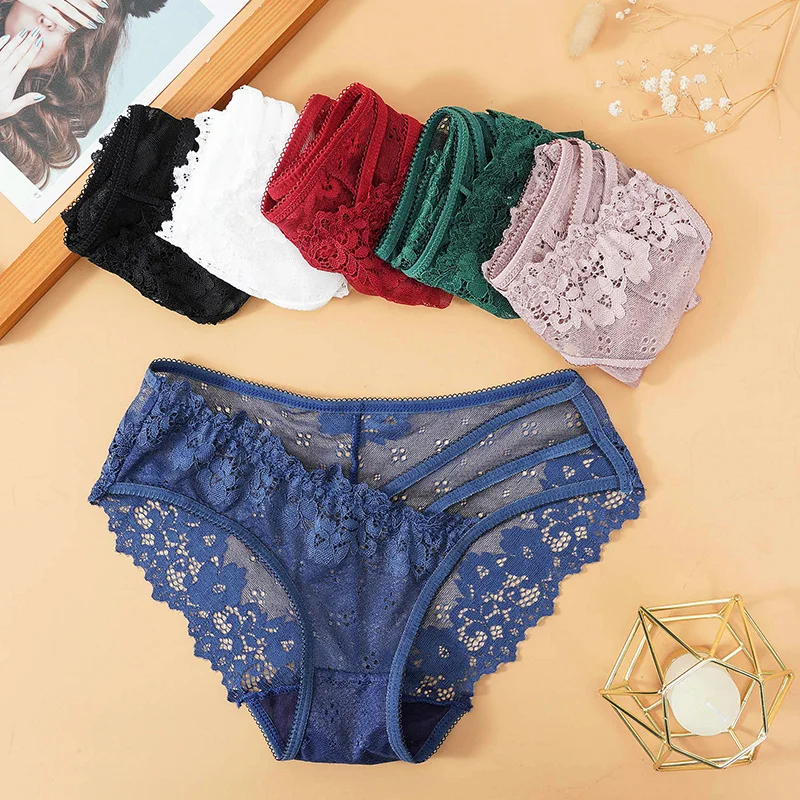 Sexy Lace Briefs Womens Low Waist Seamless Panties Female Transparent Hollow Out Underwear Solid Color Mesh Printing Lingerie