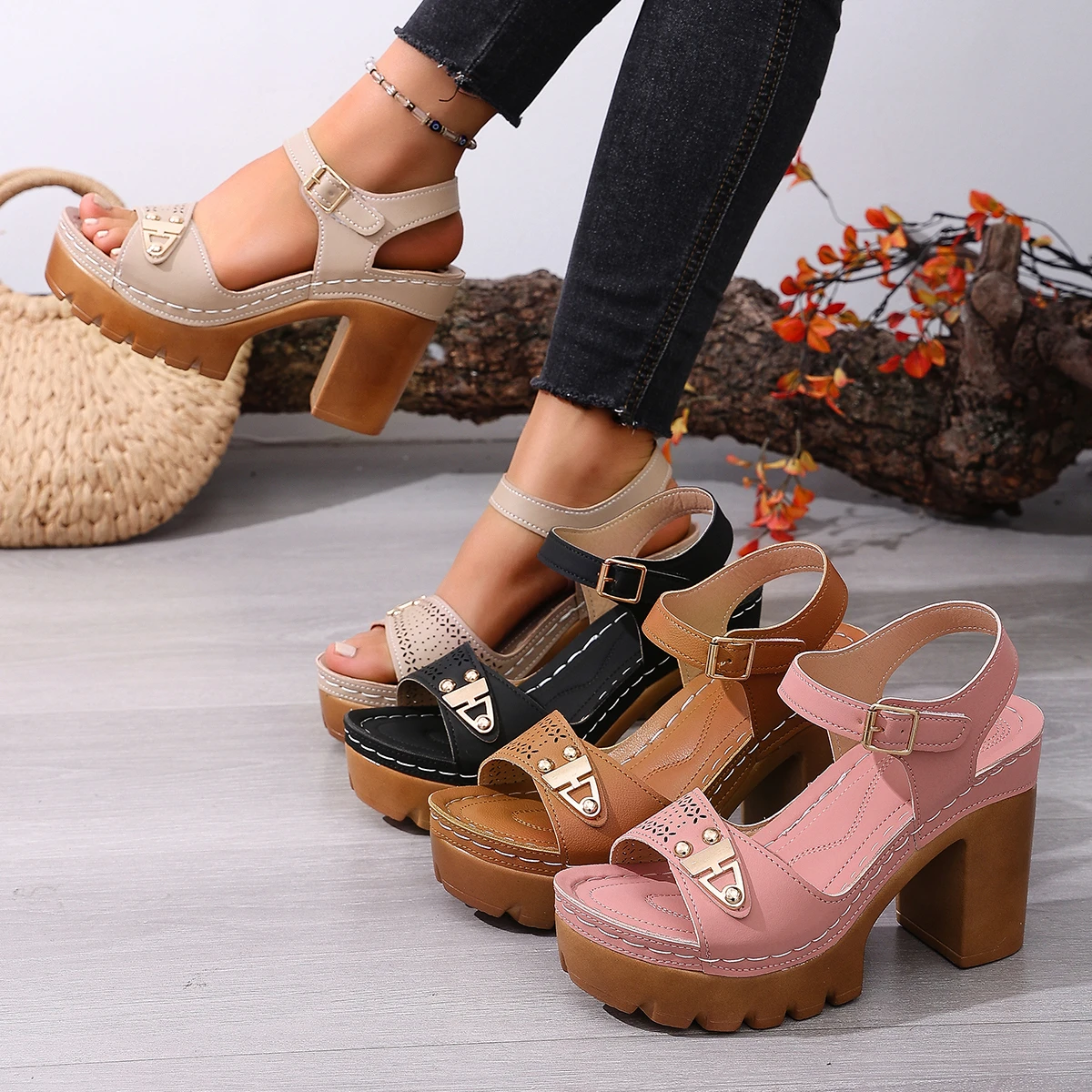 

Summer 2026 Women Chunky Heel Sandals Adjustable Buckle Strap Plus Size Shoes Solid Color One Line Fashion Sandals for Women