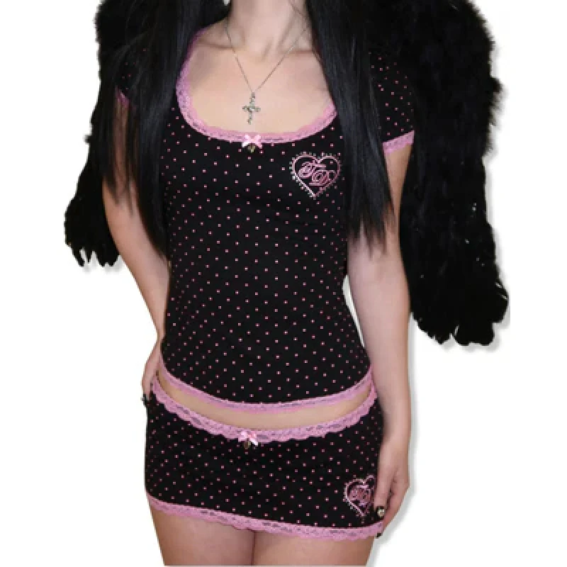 Summer Millennium INS Black Pink Polka Dot T-shirt Women's Lace Love Embroidery Slimming Sweet and Spicy Girl Short Top
