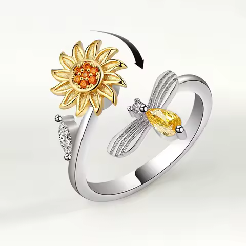 VENTFILLE 925 Sterling Silver Sunflower Diamond Zircon Rotatable Ring For Women Gift Relieve Stress Ring Jewelry Wholesale