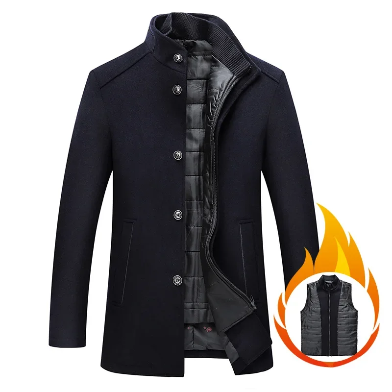 

Winter Men's Woolen Overcoat Solid Color Thickened Thermal Parka Casual Business Men's Jacket Medium Length Coats