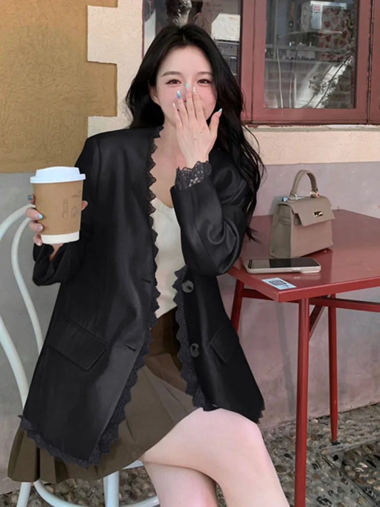 Chaqueta de traje de retazos de encaje, abrigo informal holgado para mujer, Chaquetas de oficina, moda coreana, Chaquetas holgadas empalmadas con cuello en V, Casaco