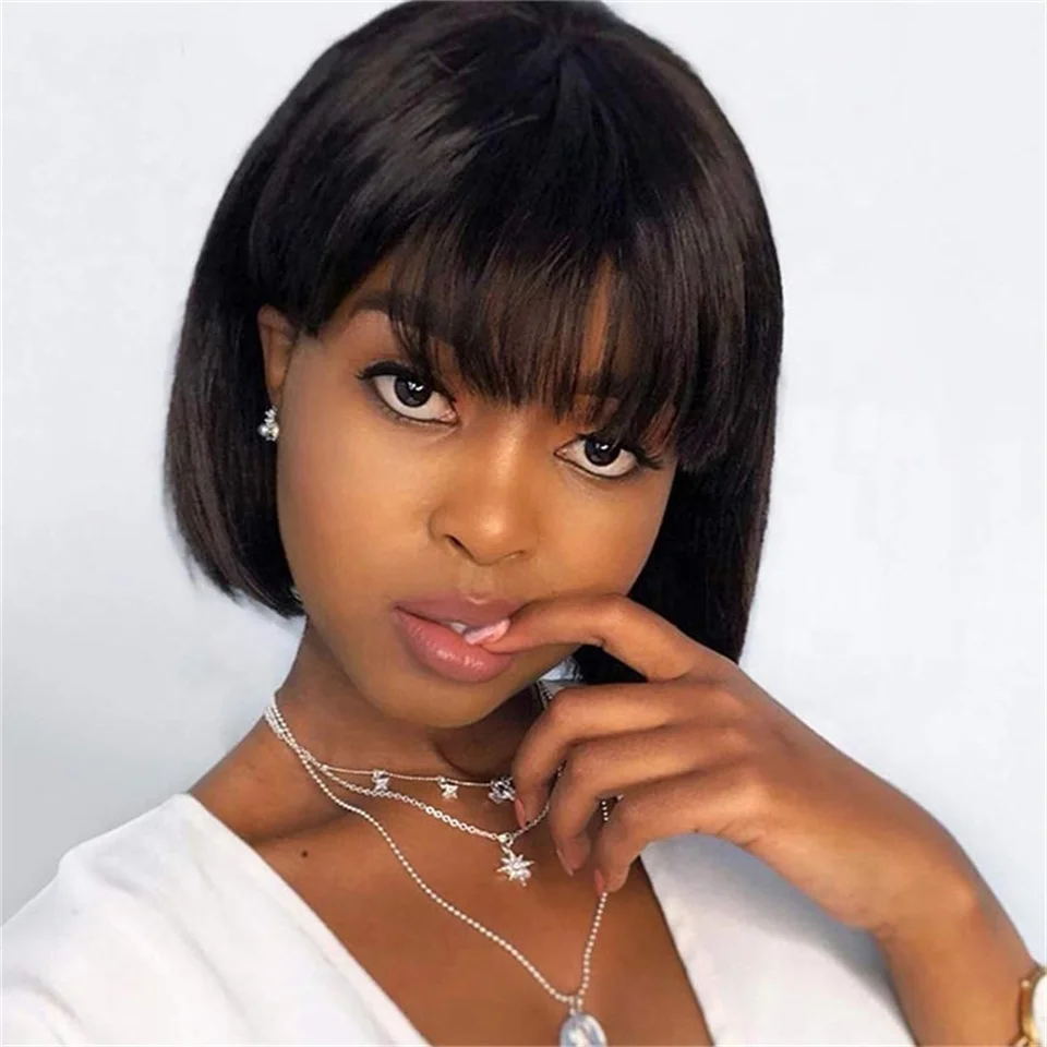 Short Bob Wig Straight Human Hair Wigs Full Machine Made Wigs Natural Color With Bangs Brazilian Remy Bob Wigs For Women No Lace