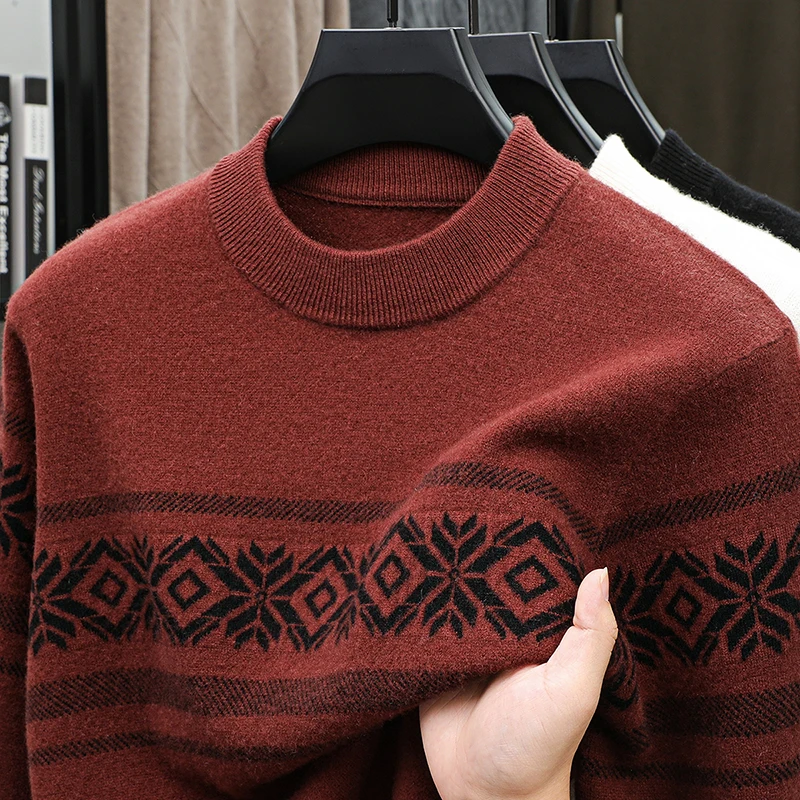 Wool100% Men's Luxury Autumn Winter Sweater Round Neck Jacquard 12Stitches Keep Warm Long Sleeves Sweater Fashion Exquisite Top