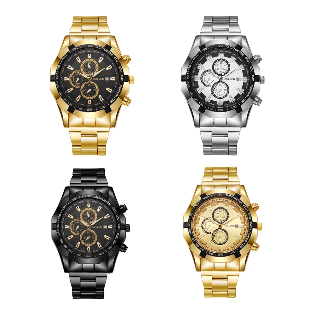 Relógio de pulseira de aço de quartzo com mostrador de escala mista de três olhos da moda empresarial