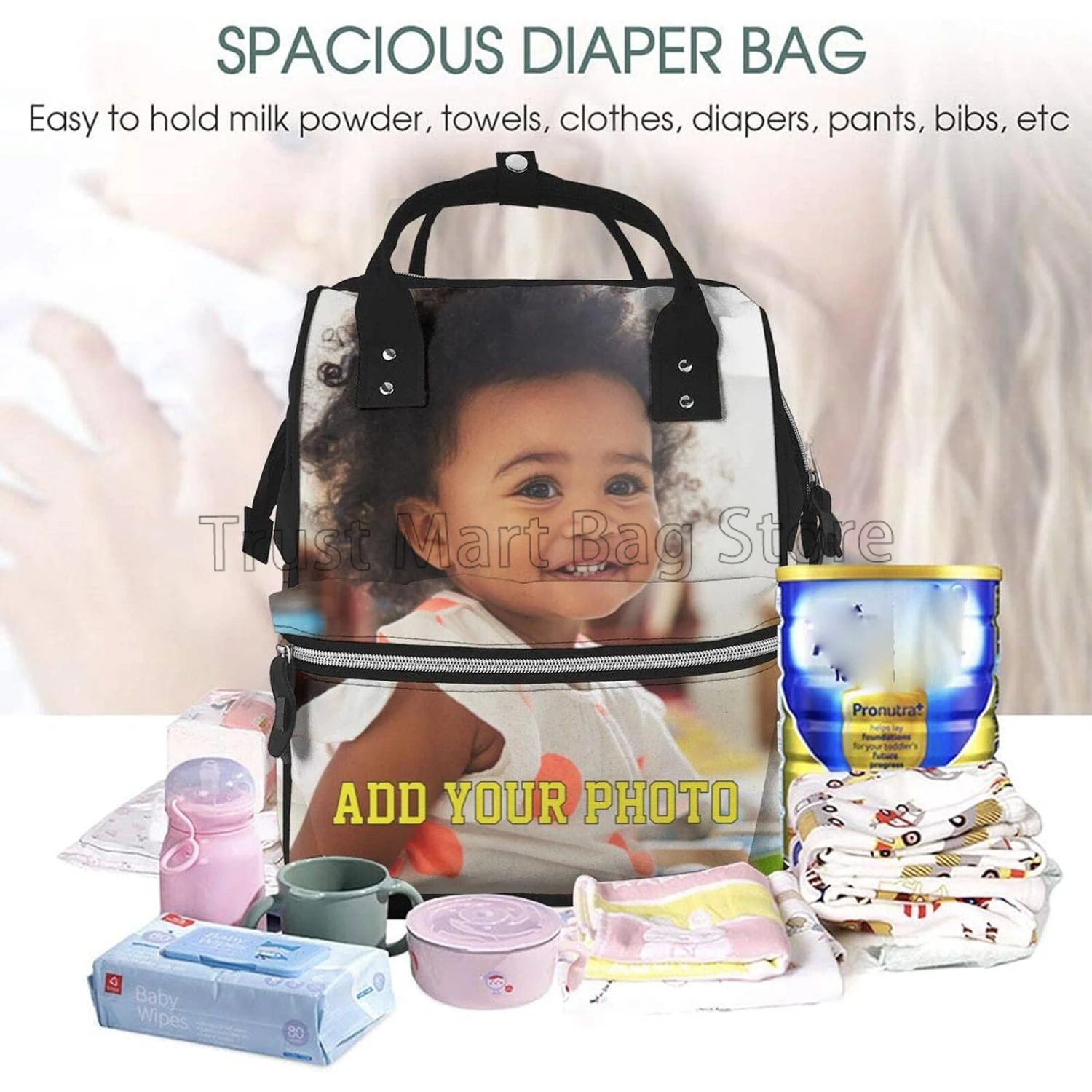 Personalized Diaper Bag Custom Diaper Backpack with Picture Text Waterproof Large Capacity Mummy Backpack for Mom Outdoor Travel