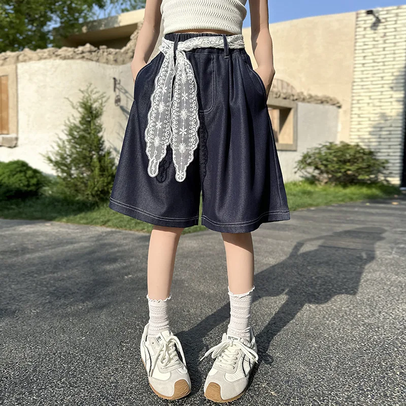 

Girls' denim pants summer thin 2025 new summer clothing girls' foreign wide-leg five-point pants children's culottes summer