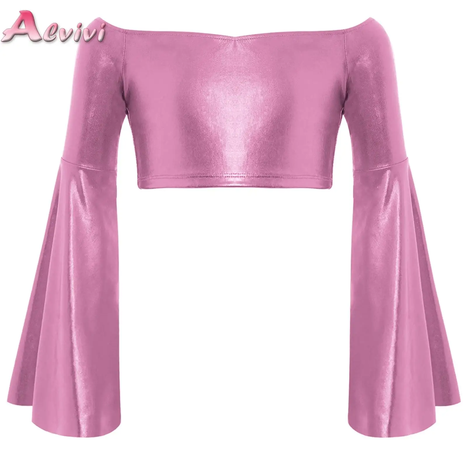 

Kids Girls Long Flared Sleeve Off-Shoulder Metallic Crop Top for Birthday Party Photography Jazz Dance Stage Performance Costume
