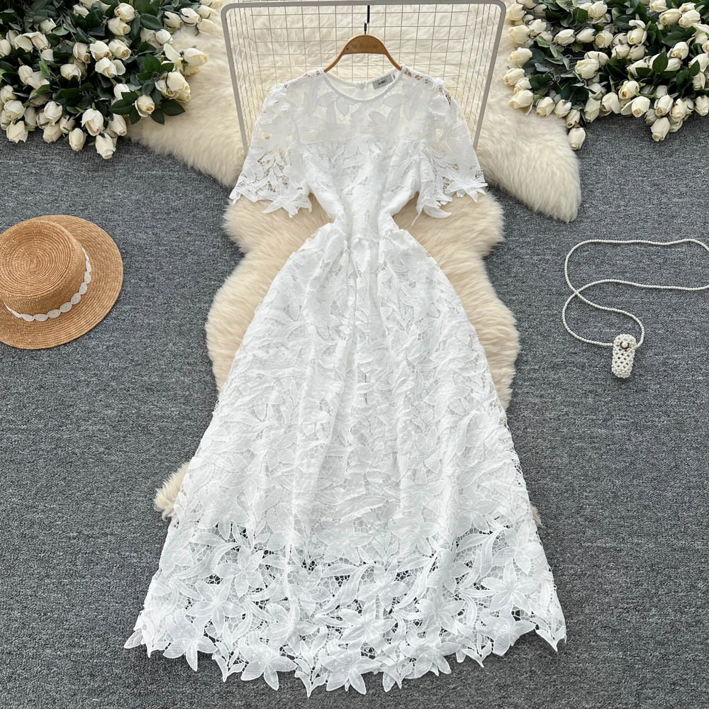 Chic Vintage Haken Blume hohl Kurzarm elegante Fee koreanische Mode Boho Kleid Frauen Kleidung Kleid