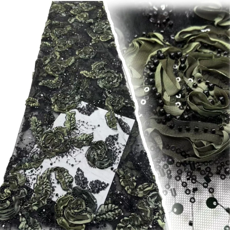 

Африканская 3D зеленая кружевная ткань с блестками, тюль из бисера, кружевная ткань, вышитая нигерийская ткань для шитья платья, 5 ярдов AH1334