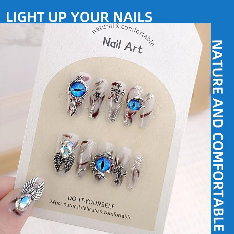 Blue Evil Eye Square Wearing Armor Silver Lines Cross Wings Stars Dark Nail Kit