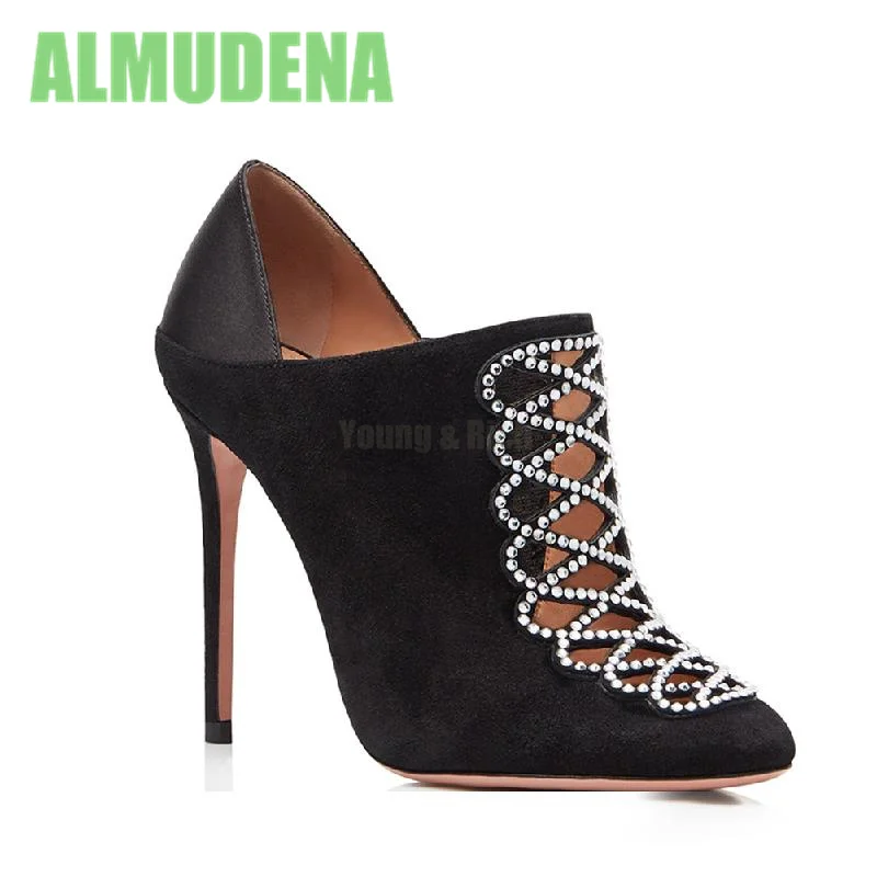 

Stiletto High Ankle Boots Fashionable and Sexy Black Leather and Suede Splicing Cross Rhinestone Decoration One Foot Single Shoe