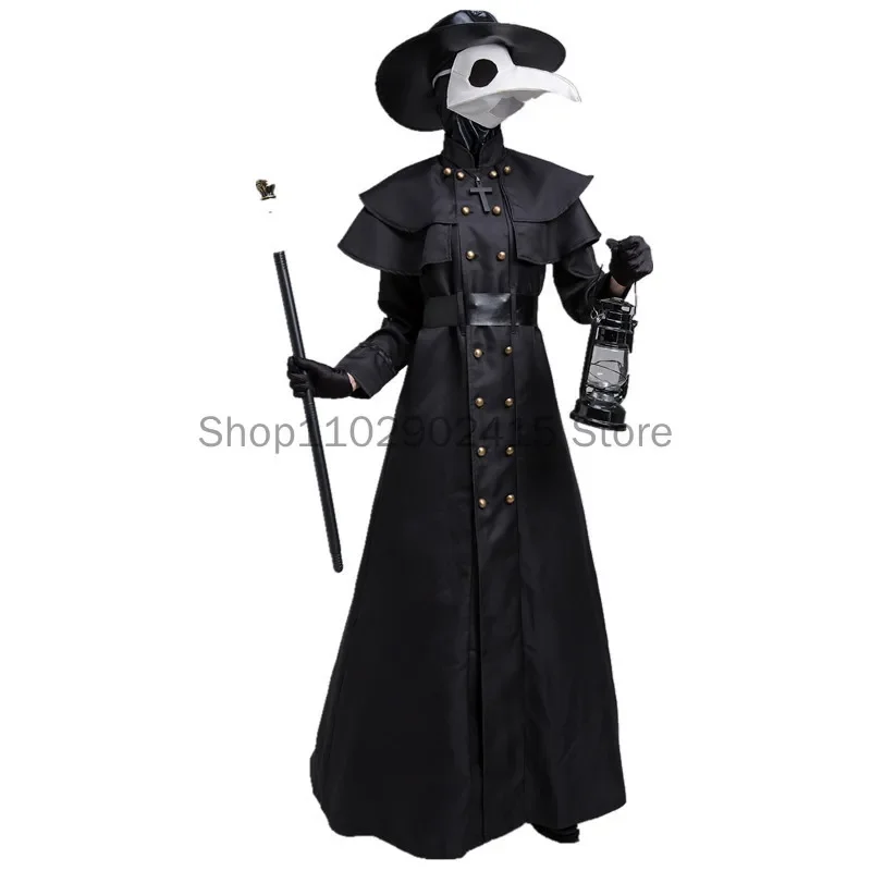 Medieval Halloween Hooded Robe Plague Doctor Costume Mask Hat for Men Monk Cosplay Steampunk Priest Horror Wizard Cloak Cape 5XL