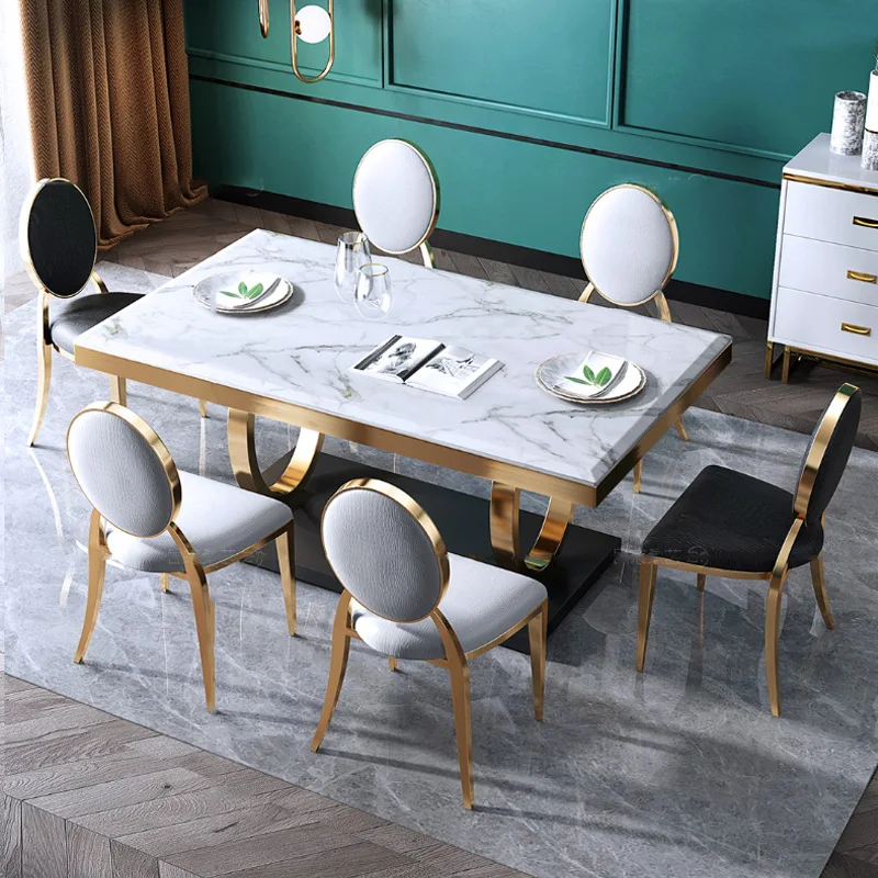 &* Luxury Dining Room Set Modern Design Eco-Friendly Durable Marble Metal Dining Table 6 Chairs Made Jiangxi For Home School Bar