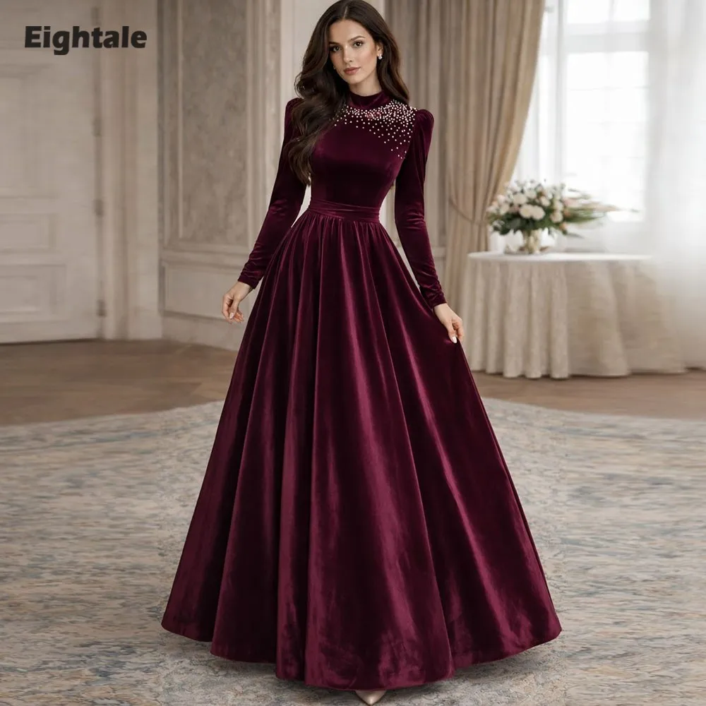 

Вечернее бархатное платье Eightale для свадебной вечеринки, индивидуальный пошив, высокий воротник, длинные рукава, расшитое бисером, А-силуэт, арабские выпускные платья