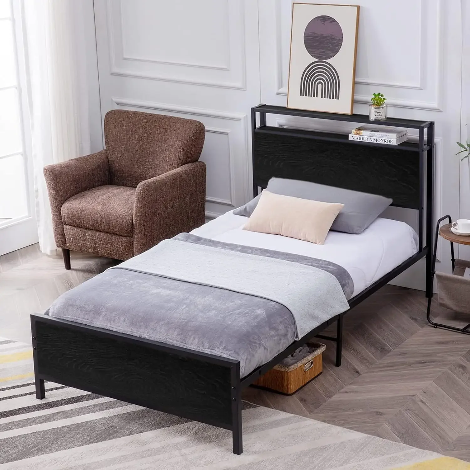 Twin Bed Frame, Platform Bed with 2-Tier Storage Headboard, Solid and Stable, Noise Free, No Box Spring Needed, Easy