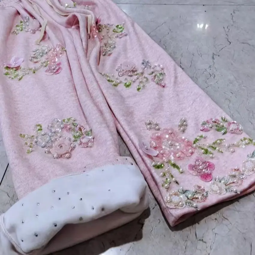 

Роскошные расклешенные брюки с вышивкой Real Photo, милые розовые длинные брюки для женщин, брюки pantalones de mujer, женская одежда, женские брюки