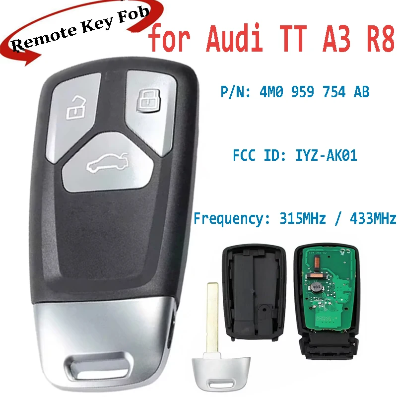 

KEYECU Smart Remote Key Fob for Audi A3 TT R8 2016 2017 2018 2019 4M0959754AB 4M0 959 754 AB 315MHz 433MHz 3Buttons