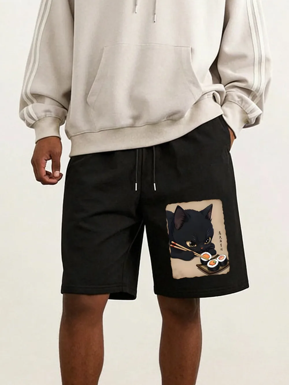 

Cute Cat Enjoying Sushi Prints Pants Mens Basics High Waisted Wide Shorts Summer Oversized Shorts Casual Pocket Male Clothes