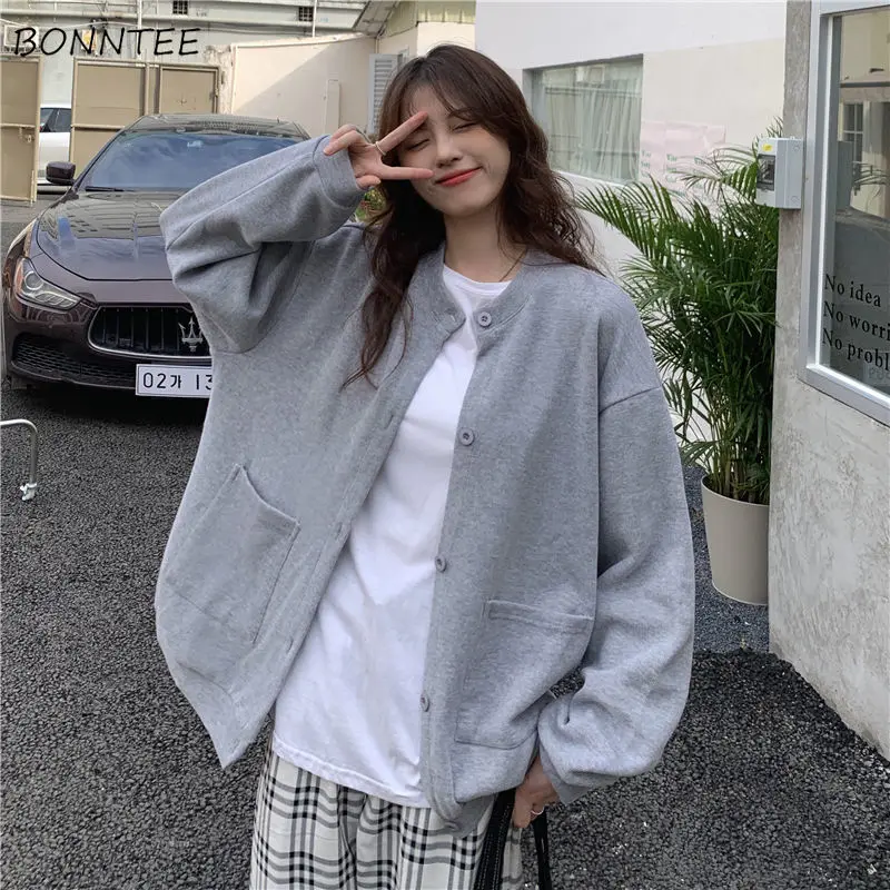 

Sweatshirts Women Loose Fashion Vintage Design Korean Style O-neck Daily Sporty Students Pockets Classic Solid Elegant Tender