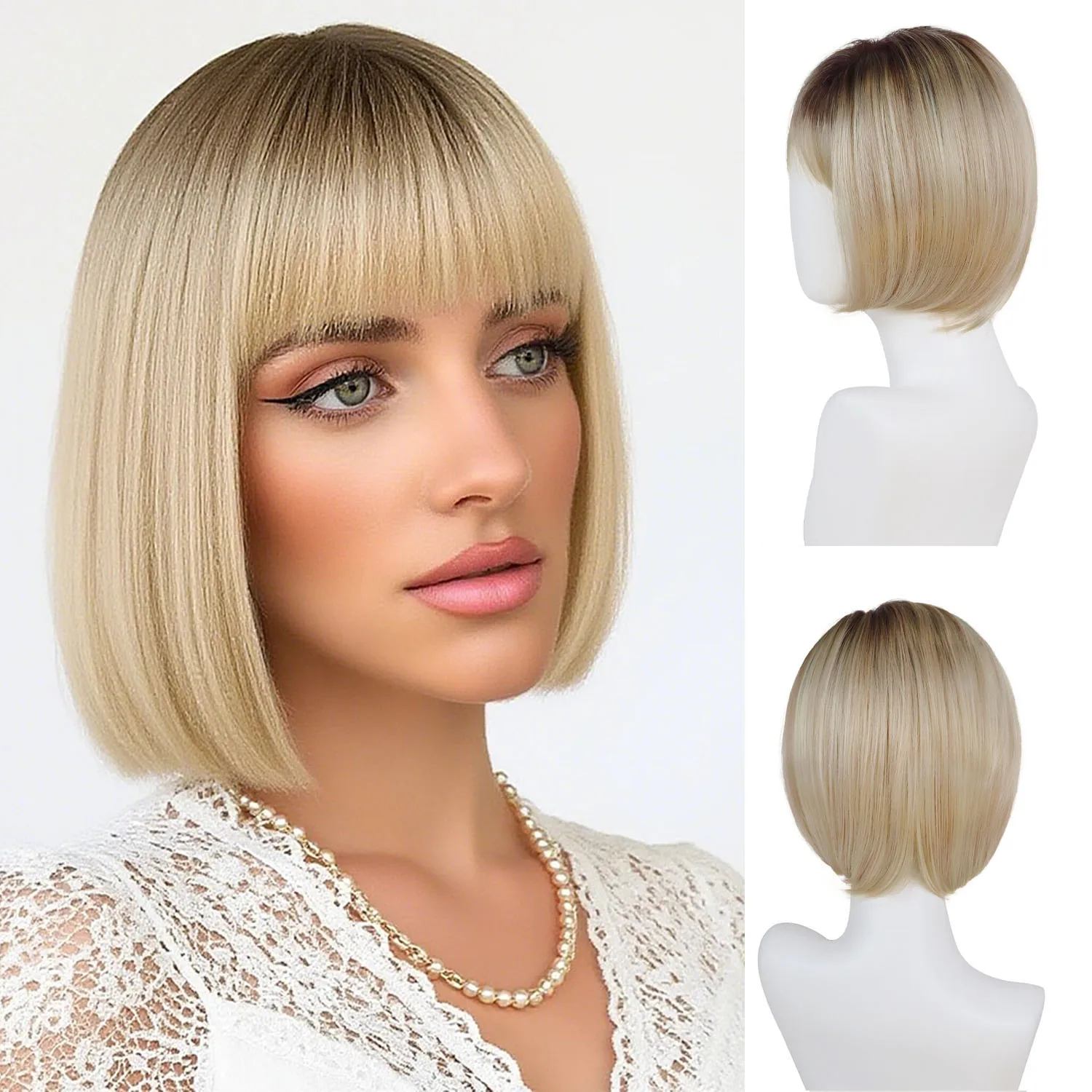 

Ombre Blonde Bob Wig with Bangs Synthetic Hair Short Wigs for Women Straight Hairstyle Mommy Wig Gifts Casual Natural Daily Wig