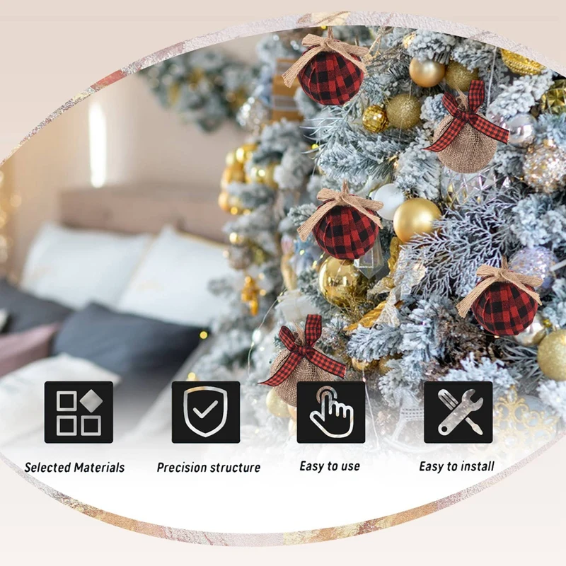 زخرفة شجرة عيد الميلاد، 12 قطعة 2-1/2 بوصة أحمر أسود تحقق خياطة الخيش زينة عيد الميلاد