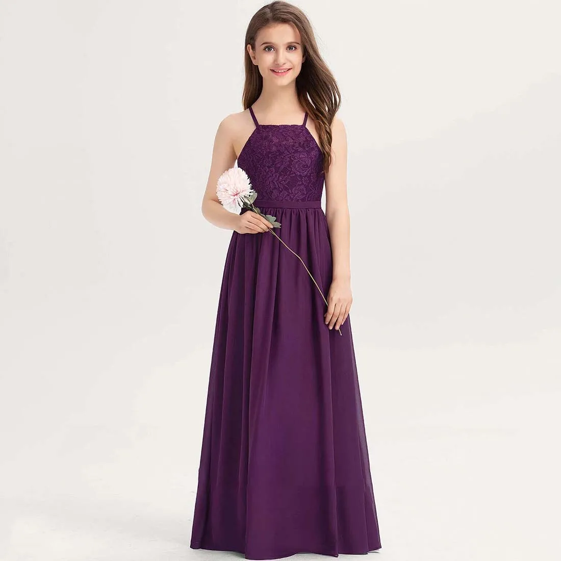 YZYmanualroom Chiffon Lace Junior Bridesmaid Dress With Bow A-line Square Floor-Length 2-15T