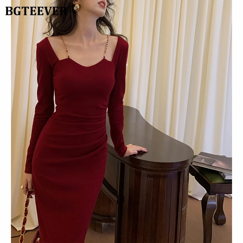 BGTEEVER Vintage Square Collar สุภาพสตรีสะโพกชุดเข้ารูปฤดูใบไม้ผลิ Elegant Slim เอวยาวเสื้อ \ \ \ \ \ \ \ \ \ \ \ \ \ \ ชุดผอม