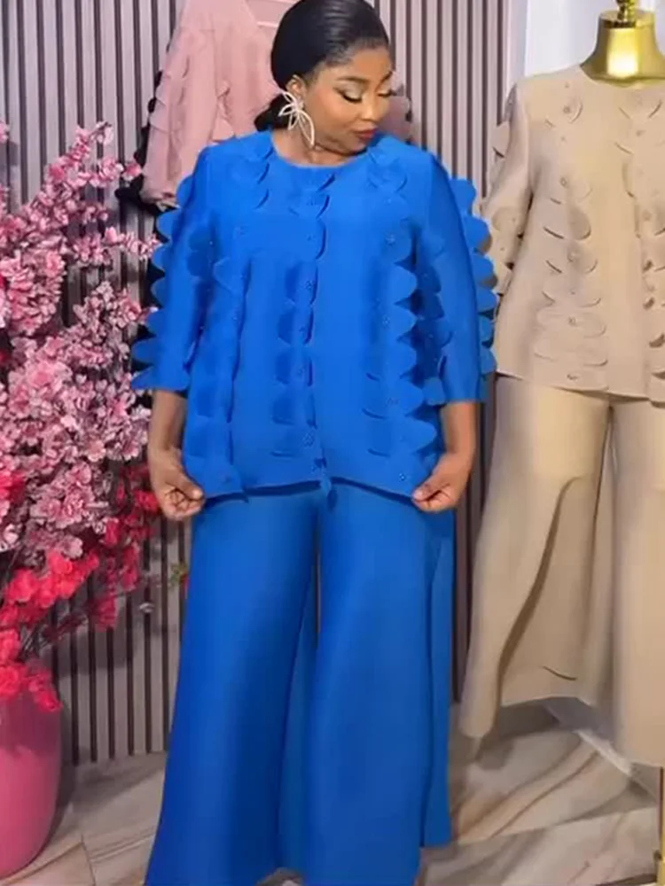 

EGRM Fashion Women's New Arrival Elastic Pleated Suit Large Size Beaded Shirts High Waist Wide Leg Pants Two-piece Loose Set