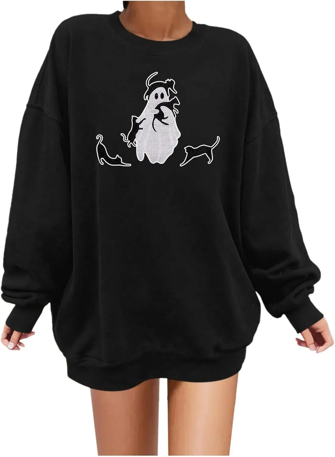 

Womens Halloween Ghost Holding Black Cat Graphic Sweatshirts Hocus Pocus Crewneck Sweatshirt Y2K Hoodie for Teen Girls