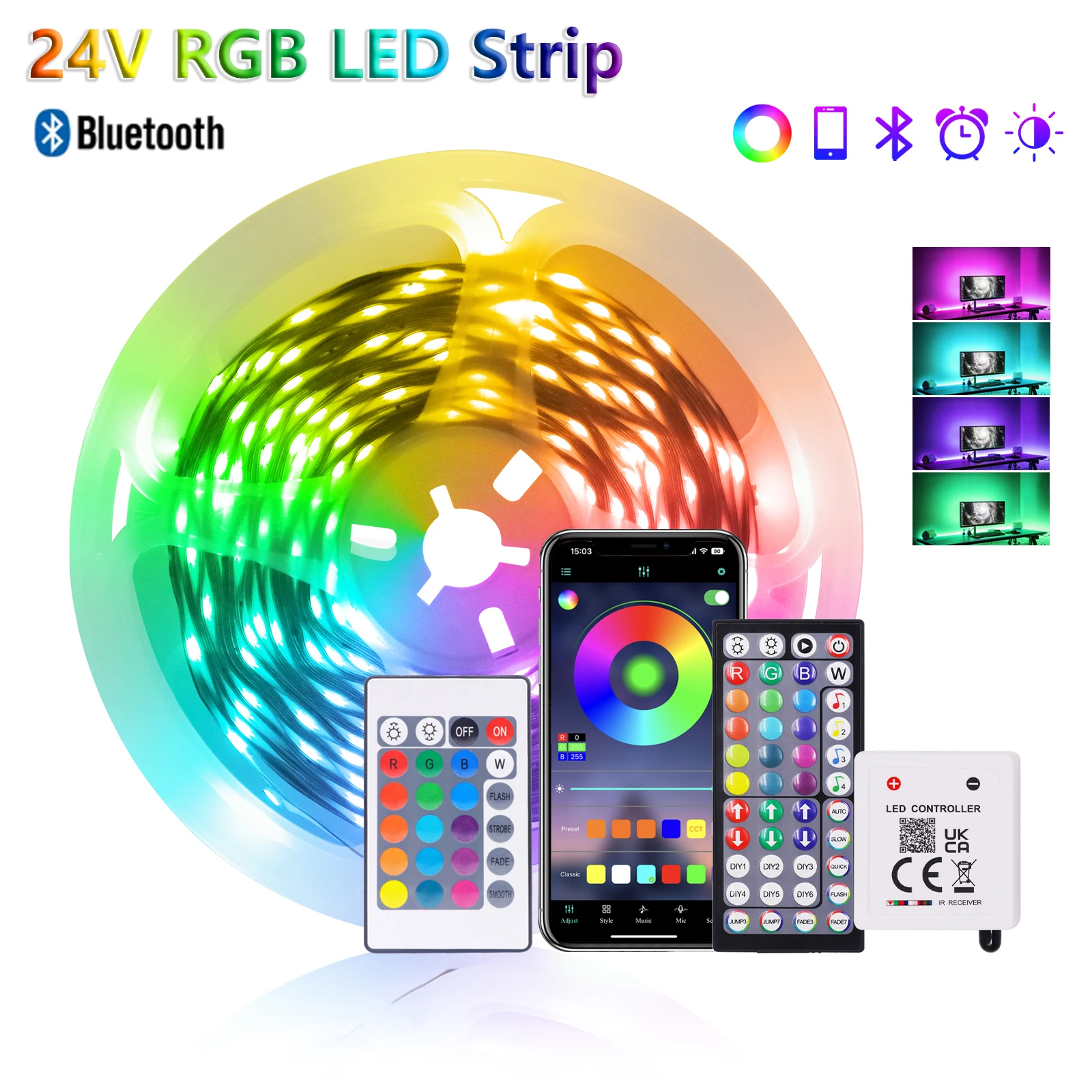 

RGB LED Strip 24V 3535 Music Sync 24Keys 44Keys Bluetooth APP Control RGB LED Tape for Bedroom Gaming Room 5M 10M 15M 20M