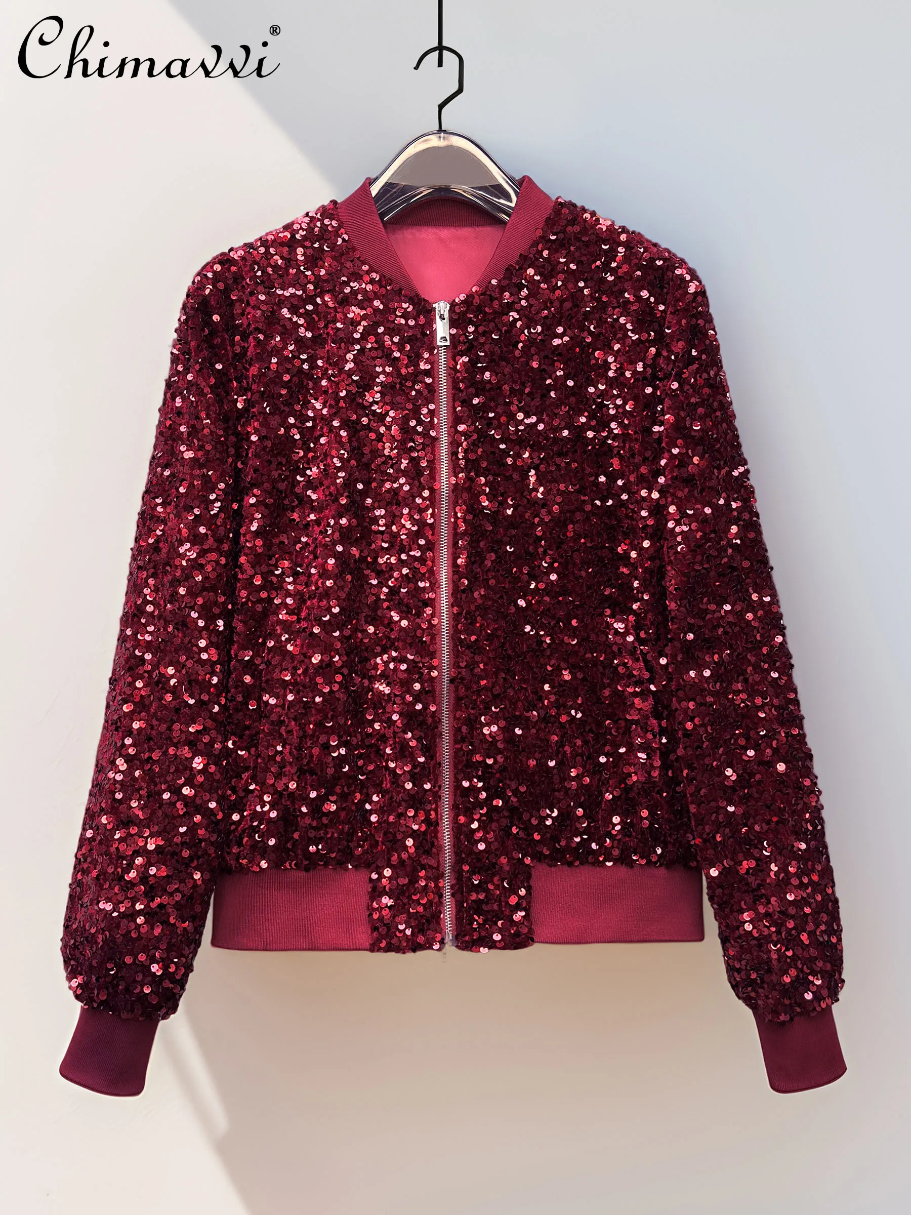 

French Elegant Fashion Heavy Industry Sequin Jackets Stand Collar Long Sleeve Zipper Casual Versatile Short Coats Women Autumn