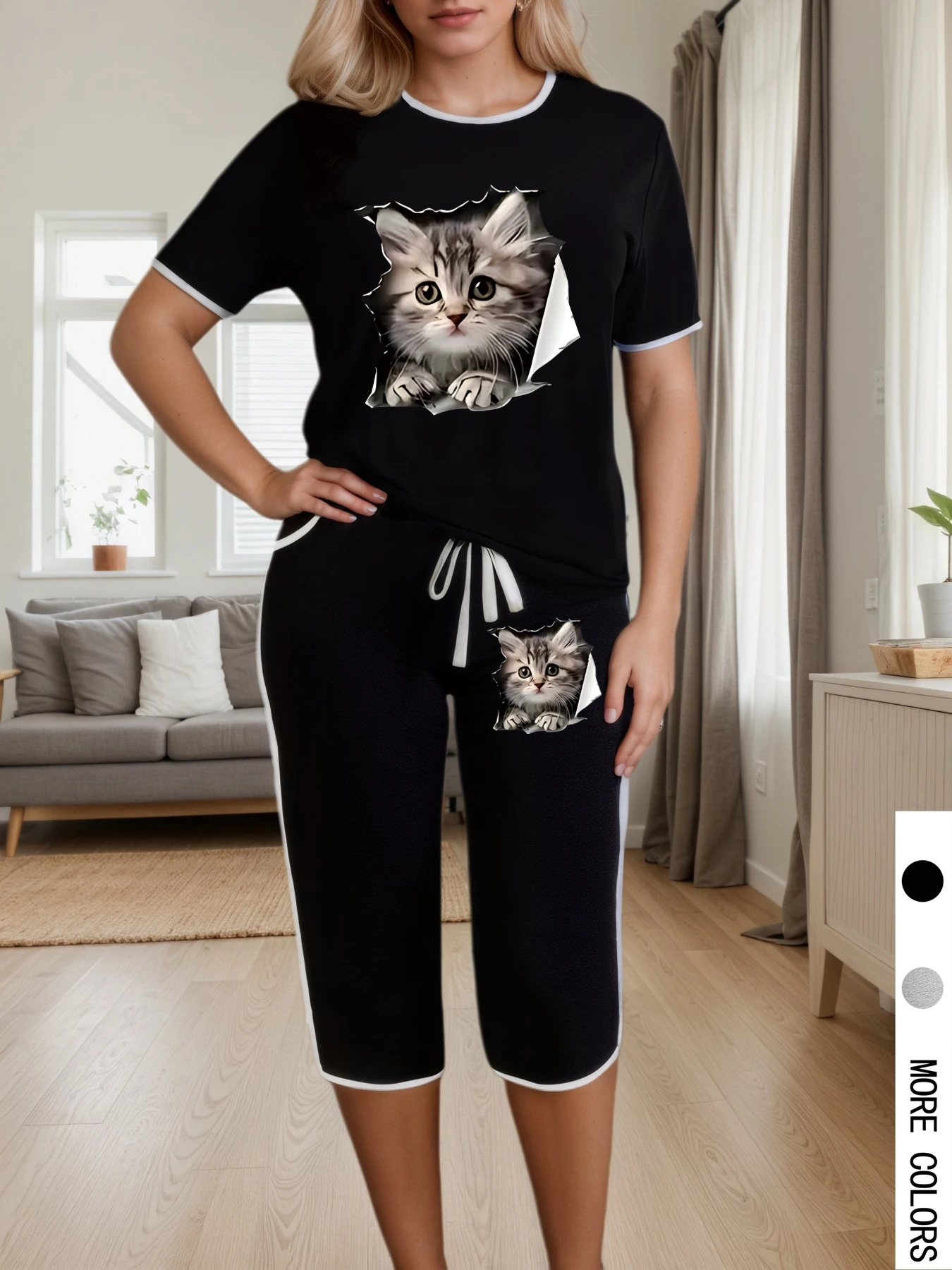 

Plus Size Women 2 Piece Set Cat Print Short Sleeve T-shirt Capri Pants Summer Suits Oversize Fashion Two Piece Outfits