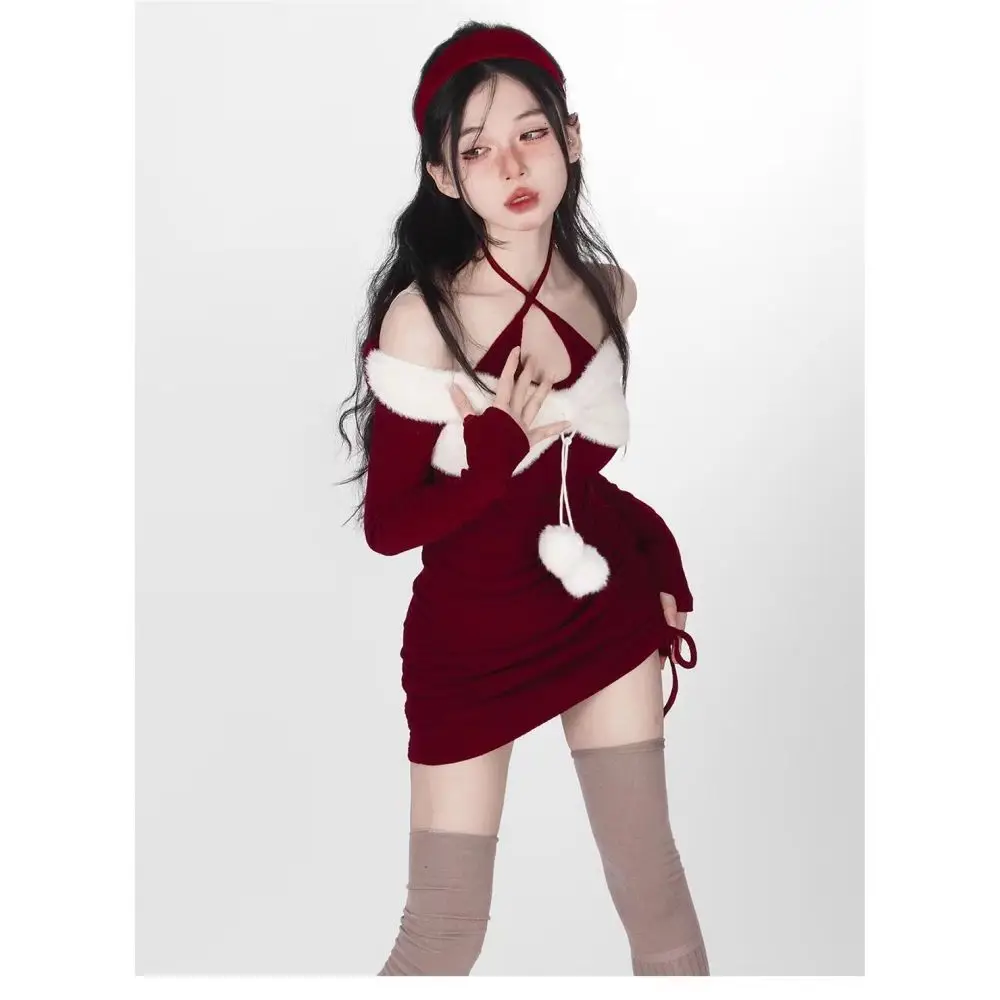 Belle rouge Sexy doux licou Slash cou Camis robes femme à manches longues robe serrée automne tendance à la mode laçage noël Dre