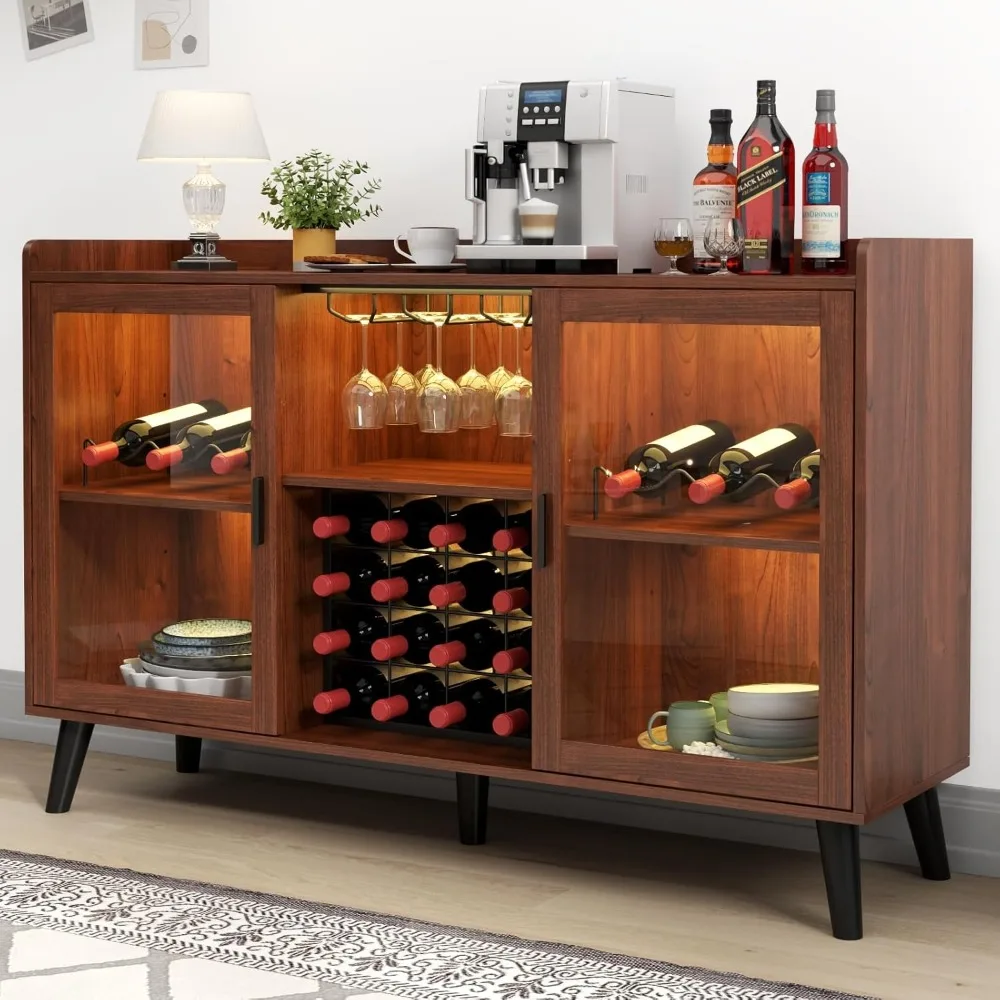 

Wine Bar Cabinet with LED Light, Home Coffee Cabinet with Wine Rack and Glass Holder, Kitchen Buffet Sideboard W Storage Shelf,