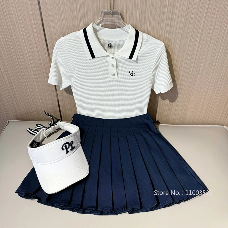 Korean Golf Clothing Women Knit Short Sleeve Shirt OL Polo Golf Top Ladies Girls Pleated Sports Skirt A-lined High Waist Skorts