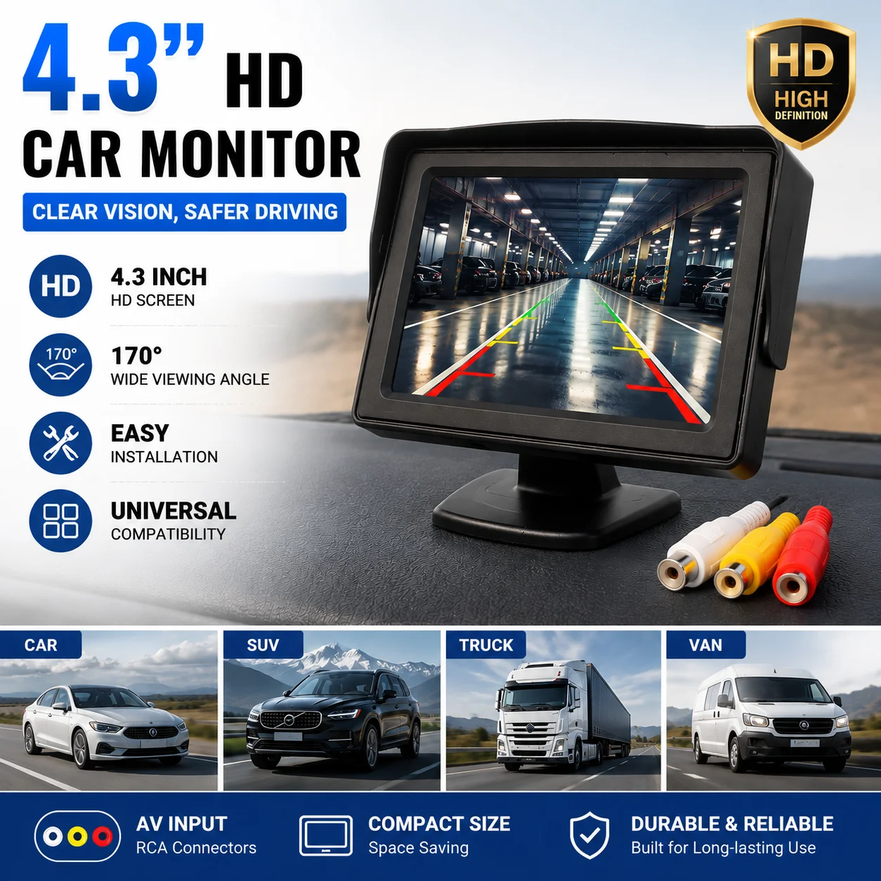 4.3inch Car Display Easy to Install High-definition Reversing Image Universal Machine Display
