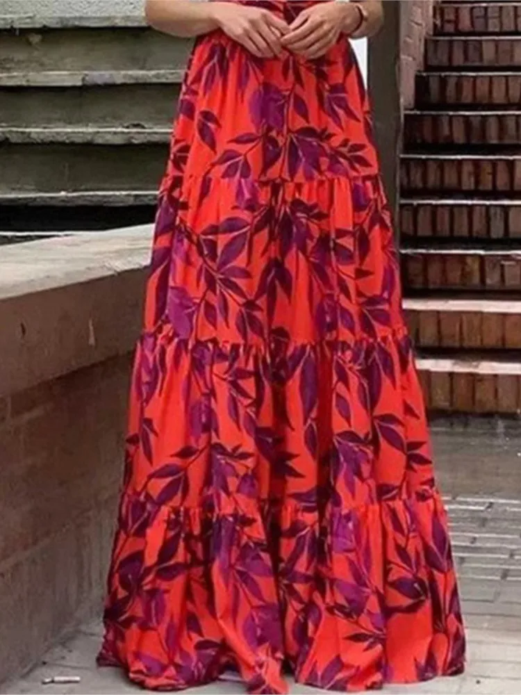 Женское длинное свободное платье с круглым вырезом и принтом, летние элегантные повседневные платья с v-образным вырезом и высокой талией и короткими рукавами