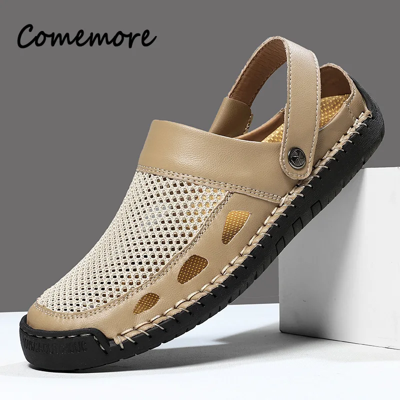 Comemore 38-48 Men Sandals Summer Mesh Breathable Shoes Male Slip-On Weaving Design Soft Bottom Non-Slip Beach Roma Slippers