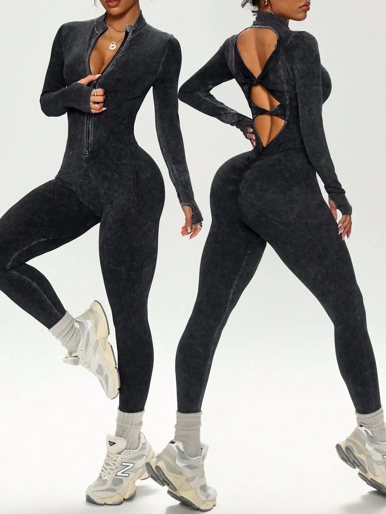 

Женский бесшовный комбинезон Y2K с молнией спереди, отверстиями для больших пальцев и перекрестной спинкой — для спортзала, йоги, танцев